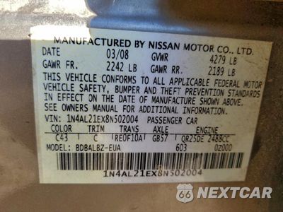 Zdjęcie 12 z 12 samochodu: 2008 NISSAN ALTIMA 2.5 VIN:1N4AL21EX8N502004 - miniatura