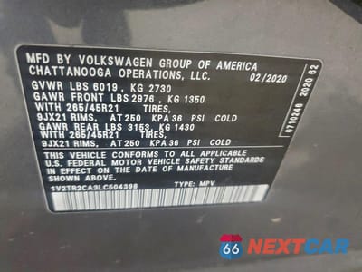 Zdjęcie 14 z 15 samochodu: 2020 VOLKSWAGEN ATLAS SEL PREMIUM VIN:1V2TR2CA3LC504398 - miniatura