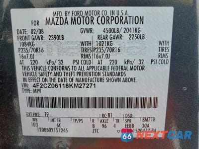 Zdjęcie 13 z 14 samochodu: 2008 MAZDA TRIBUTE S VIN:4F2CZ06118KM27271 - miniatura