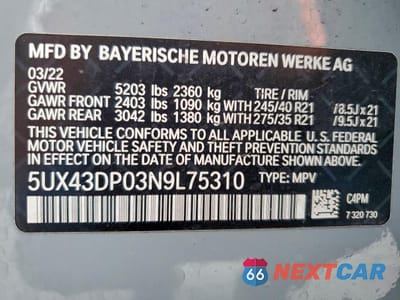 Zdjęcie 13 z 16 samochodu: 2022 BMW X3 SDRIVE30I VIN:5UX43DP03N9L75310 - miniatura