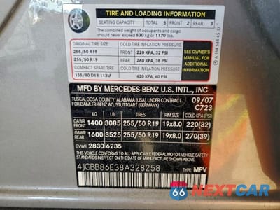 Zdjęcie 12 z 12 samochodu: 2008 MERCEDES-BENZ ML 350 VIN:4JGBB86E38A328258 - miniatura