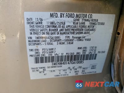 Zdjęcie 12 z 12 samochodu: 2007 MERCURY MONTEGO LUXURY VIN:1MEHM40147G610085 - miniatura