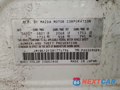 Zdjęcie 12 z 12 samochodu: 2008 MAZDA 3 I VIN:JM1BK12F081774796 - miniatura