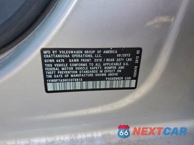 Zdjęcie 12 z 12 samochodu: 2012 VOLKSWAGEN PASSAT SE VIN:1VWBP7A30CC073813 - miniatura