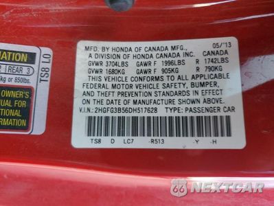 Zdjęcie 12 z 12 samochodu: 2013 HONDA CIVIC LX VIN:2HGFG3B56DH517628 - miniatura