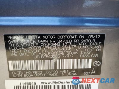 Zdjęcie 12 z 12 samochodu: 2012 LEXUS IS 250 VIN:JTHBF5C22C5177477 - miniatura